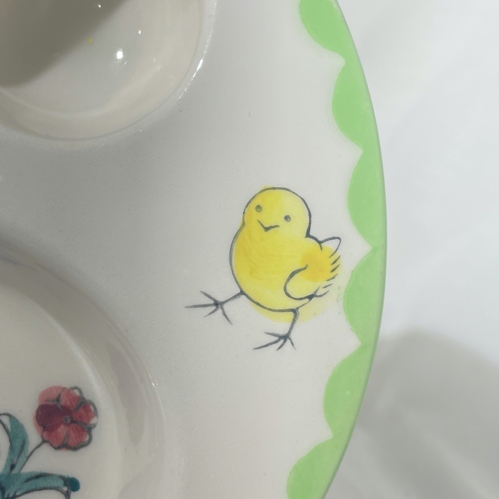 Vintage Hand Painted On Green Trimmed Divided Serving Bowl Country Farm Chicken - Picture 7 of 7